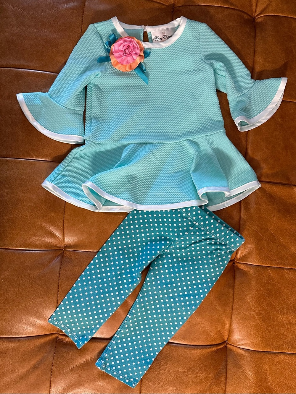 Rare Editions Teal Girls Dress Top with Pink & Coral Flower